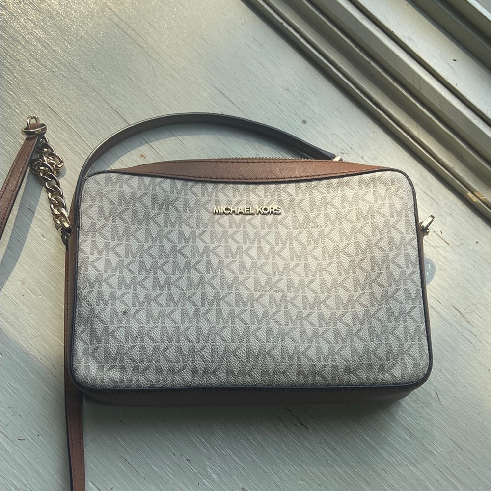 Michael Kors Gray and Brown Logo Crossbody